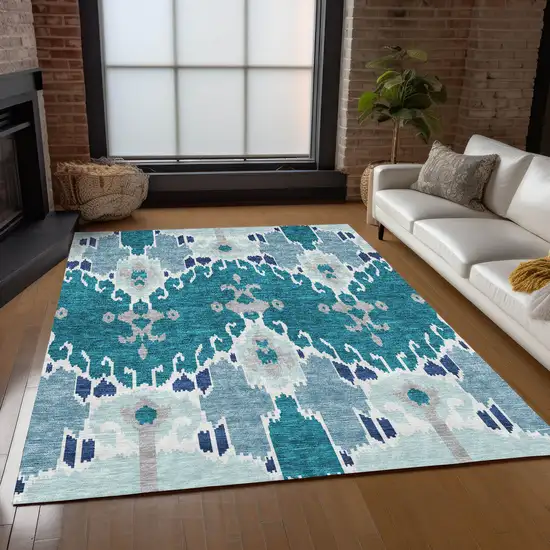 Teal Blue Navy Blue And Gray Ikat Washable Indoor Outdoor Area Rug Photo 9