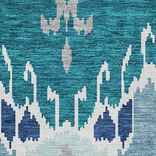 Teal Blue Navy Blue And Gray Ikat Washable Indoor Outdoor Area Rug Photo 5