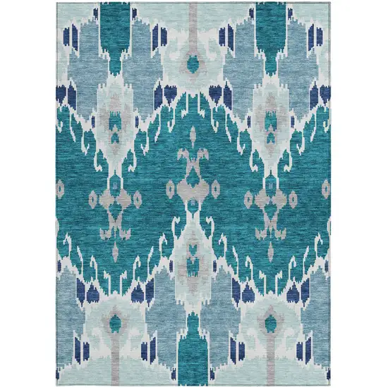 Teal Blue Navy Blue And Gray Ikat Washable Indoor Outdoor Area Rug Photo 6