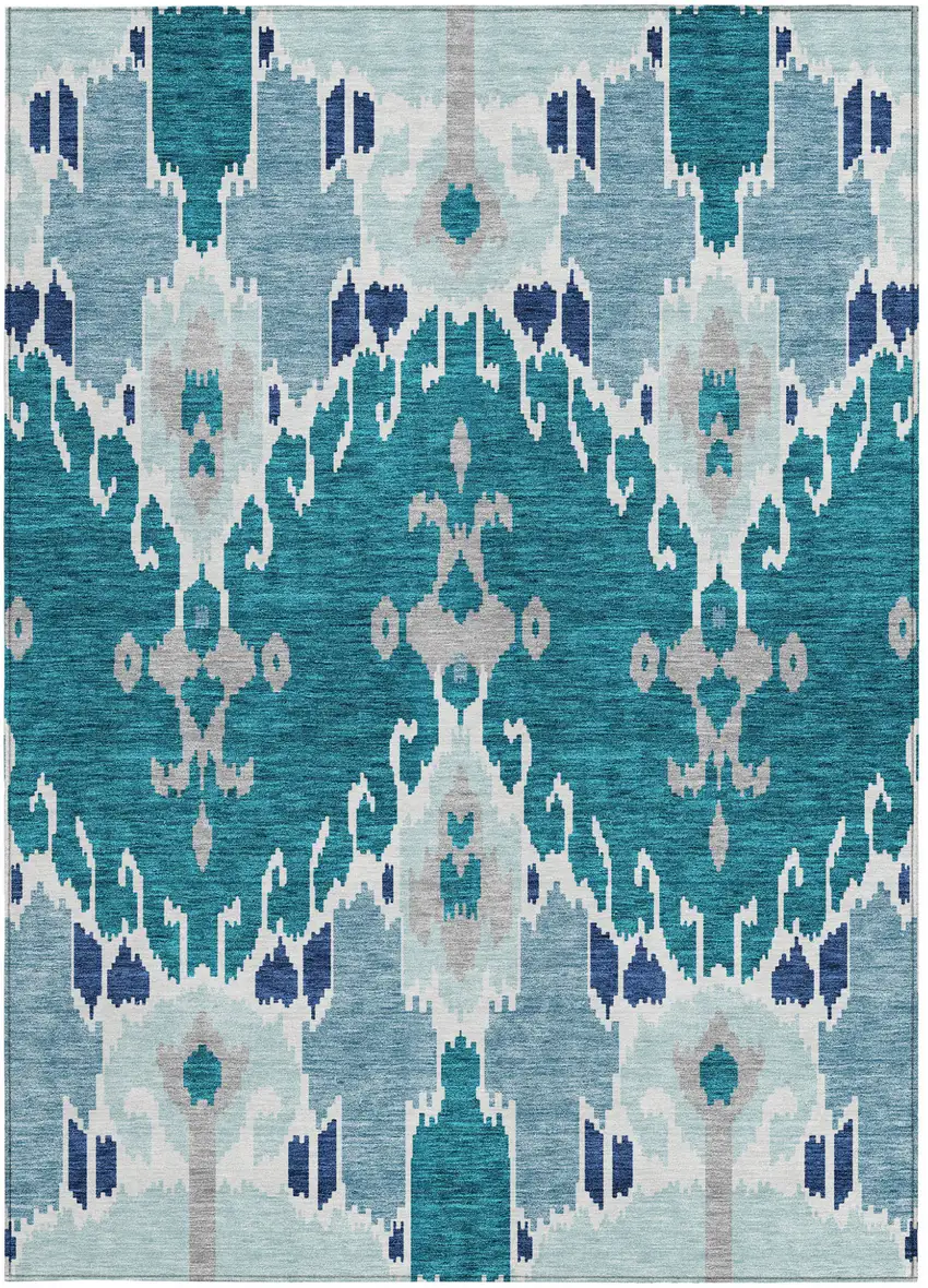 Teal Blue Navy Blue And Gray Ikat Washable Indoor Outdoor Area Rug Photo 6