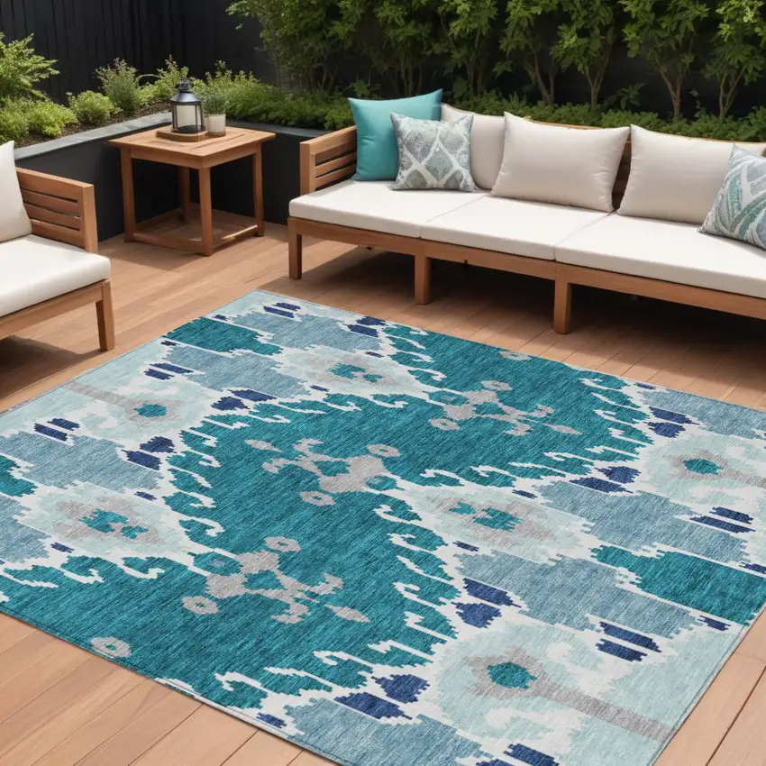 Teal Blue Navy Blue And Gray Ikat Washable Indoor Outdoor Area Rug Photo 1