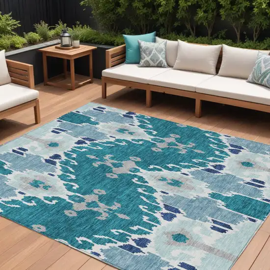 Teal Blue Navy Blue And Gray Ikat Washable Indoor Outdoor Area Rug Photo 1