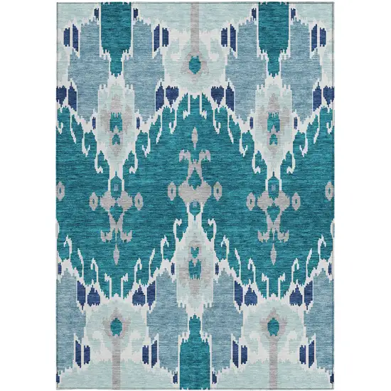 Teal Blue Navy Blue And Gray Ikat Washable Indoor Outdoor Area Rug Photo 6