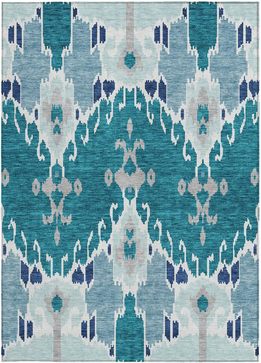 Teal Blue Navy Blue And Gray Ikat Washable Indoor Outdoor Area Rug Photo 6