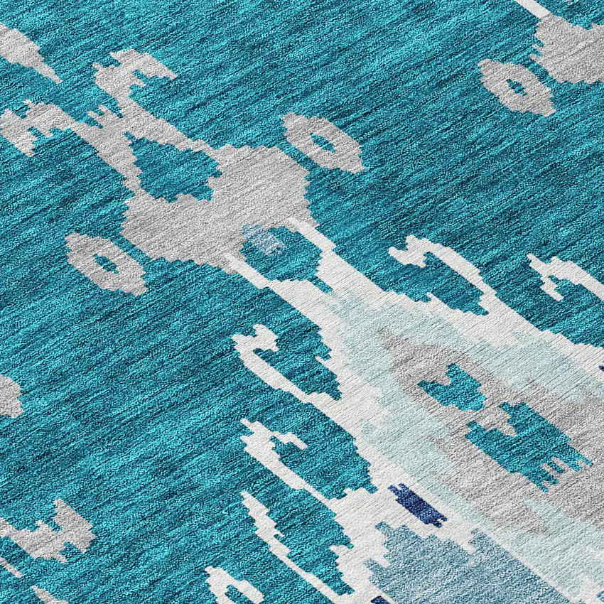 Teal Blue Navy Blue And Gray Ikat Washable Indoor Outdoor Area Rug Photo 6