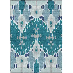 Photo of Teal Blue Navy Blue And Gray Ikat Washable Indoor Outdoor Area Rug