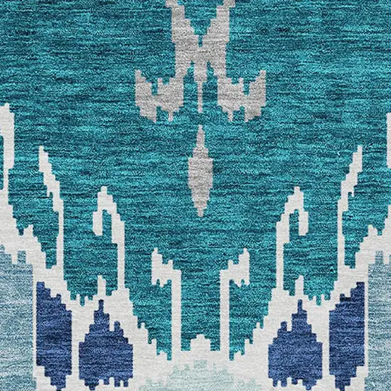 Teal Blue Navy Blue And Gray Ikat Washable Indoor Outdoor Area Rug Photo 5