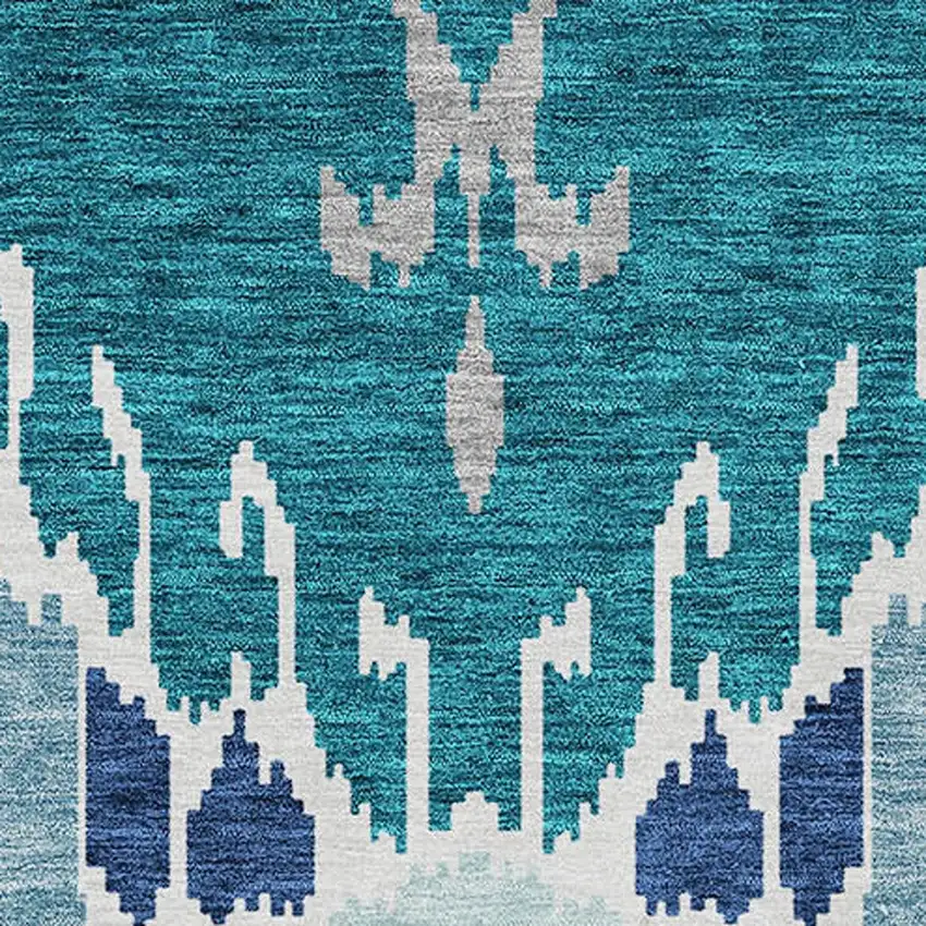 Teal Blue Navy Blue And Gray Ikat Washable Indoor Outdoor Area Rug Photo 5