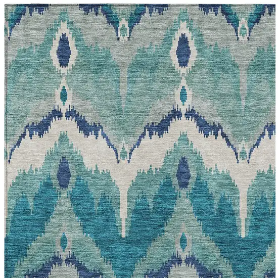 Teal Blue Navy Blue And Ivory Ikat Washable Indoor Outdoor Area Rug Photo 5