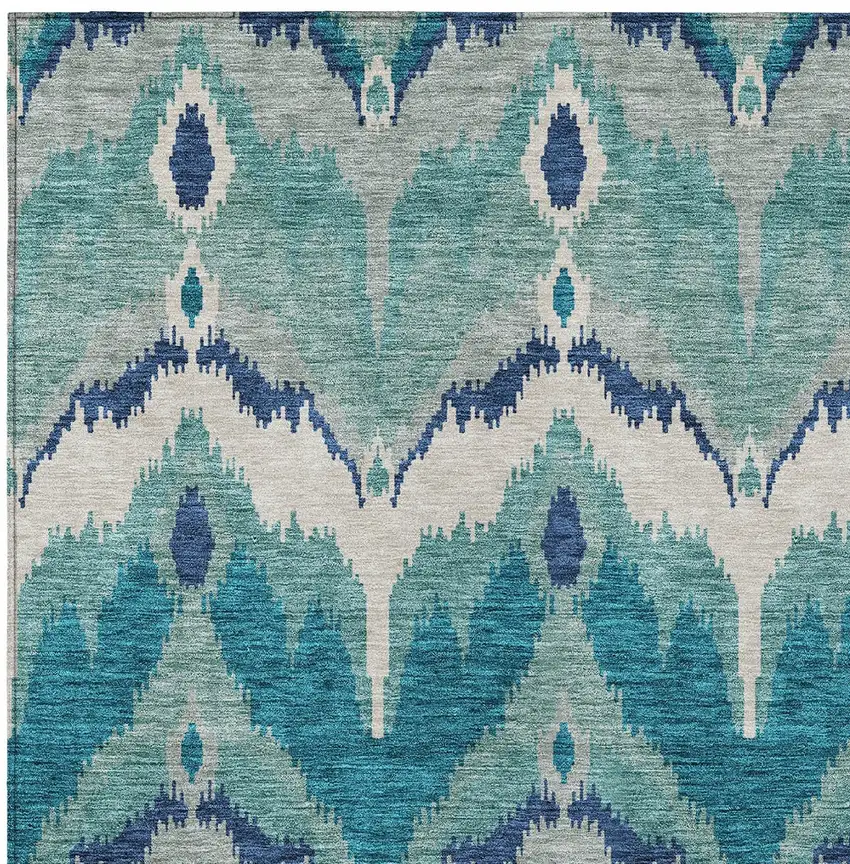 Teal Blue Navy Blue And Ivory Ikat Washable Indoor Outdoor Area Rug Photo 5