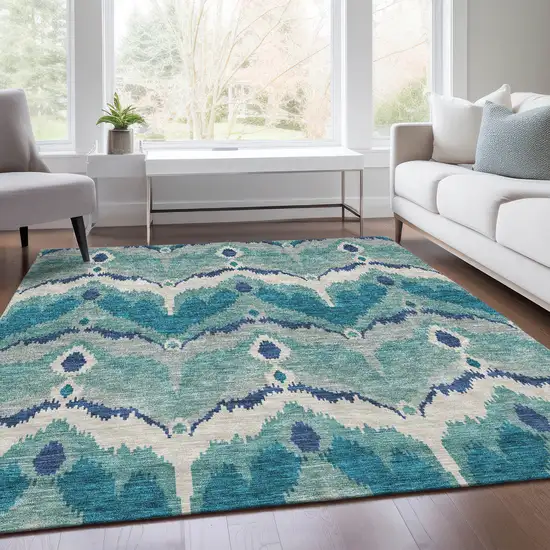 Teal Blue Navy Blue And Ivory Ikat Washable Indoor Outdoor Area Rug Photo 8