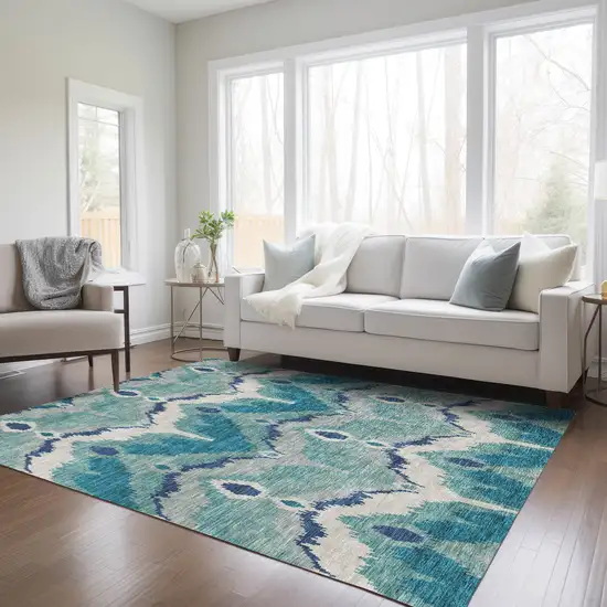 Teal Blue Navy Blue And Ivory Ikat Washable Indoor Outdoor Area Rug Photo 9