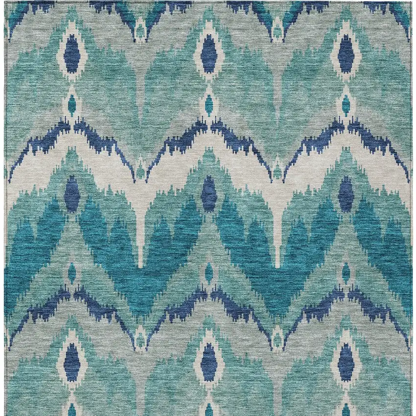 Teal Blue Navy Blue And Ivory Ikat Washable Indoor Outdoor Area Rug Photo 7