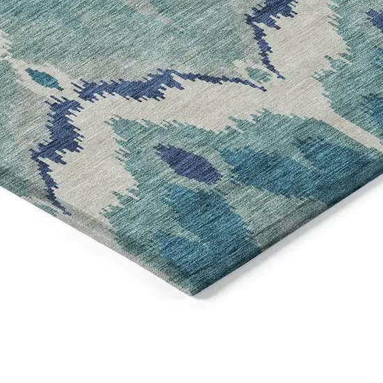 Teal Blue Navy Blue And Ivory Ikat Washable Indoor Outdoor Area Rug Photo 3