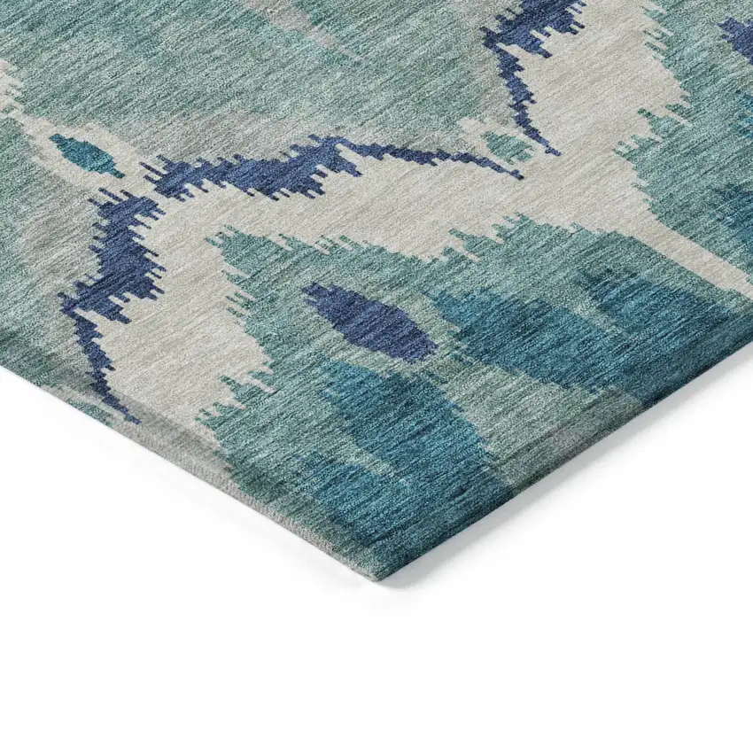 Teal Blue Navy Blue And Ivory Ikat Washable Indoor Outdoor Area Rug Photo 3