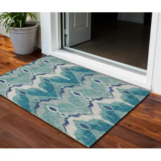 Teal Blue Navy Blue And Ivory Ikat Washable Indoor Outdoor Area Rug Photo 1