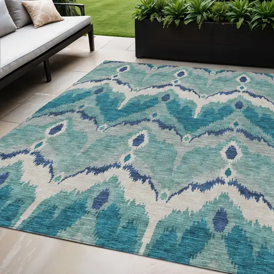 Teal Blue Navy Blue And Ivory Ikat Washable Indoor Outdoor Area Rug Photo 1