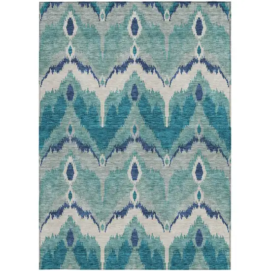 Teal Blue Navy Blue And Ivory Ikat Washable Indoor Outdoor Area Rug Photo 5