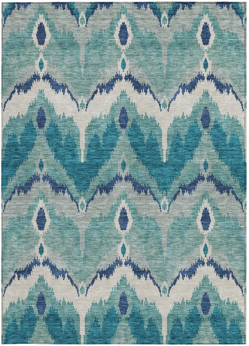 Teal Blue Navy Blue And Ivory Ikat Washable Indoor Outdoor Area Rug Photo 5