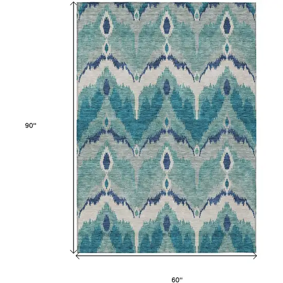 Teal Blue Navy Blue And Ivory Ikat Washable Indoor Outdoor Area Rug Photo 7