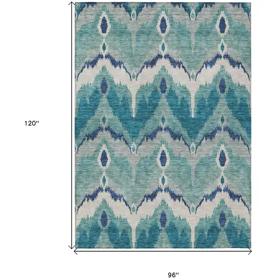 Teal Blue Navy Blue And Ivory Ikat Washable Indoor Outdoor Area Rug Photo 7