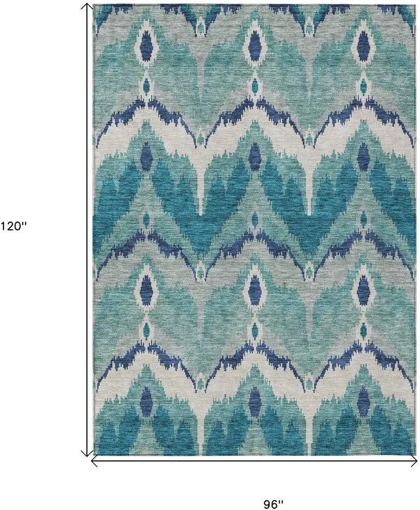 Teal Blue Navy Blue And Ivory Ikat Washable Indoor Outdoor Area Rug Photo 7
