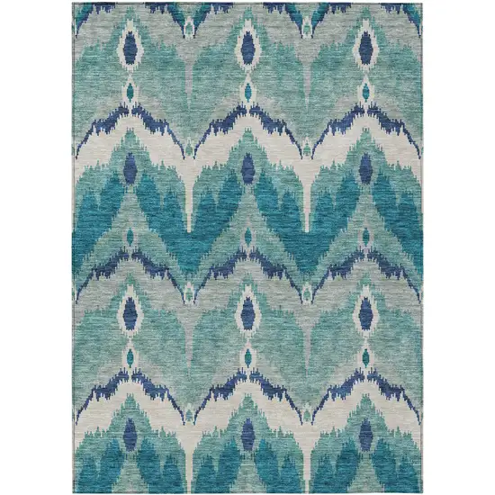 Teal Blue Navy Blue And Ivory Ikat Washable Indoor Outdoor Area Rug Photo 1