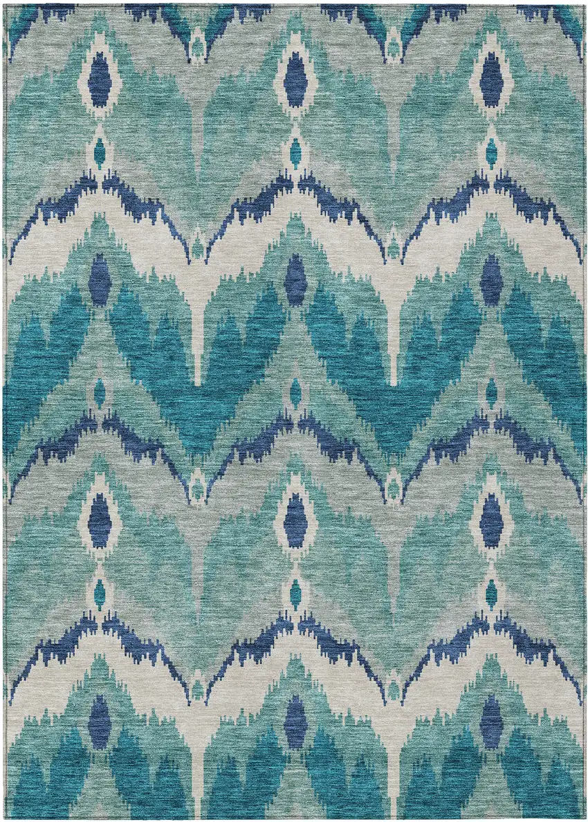 Teal Blue Navy Blue And Ivory Ikat Washable Indoor Outdoor Area Rug Photo 1