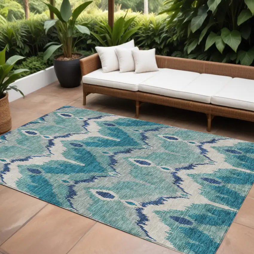 Teal Blue Navy Blue And Ivory Ikat Washable Indoor Outdoor Area Rug Photo 1
