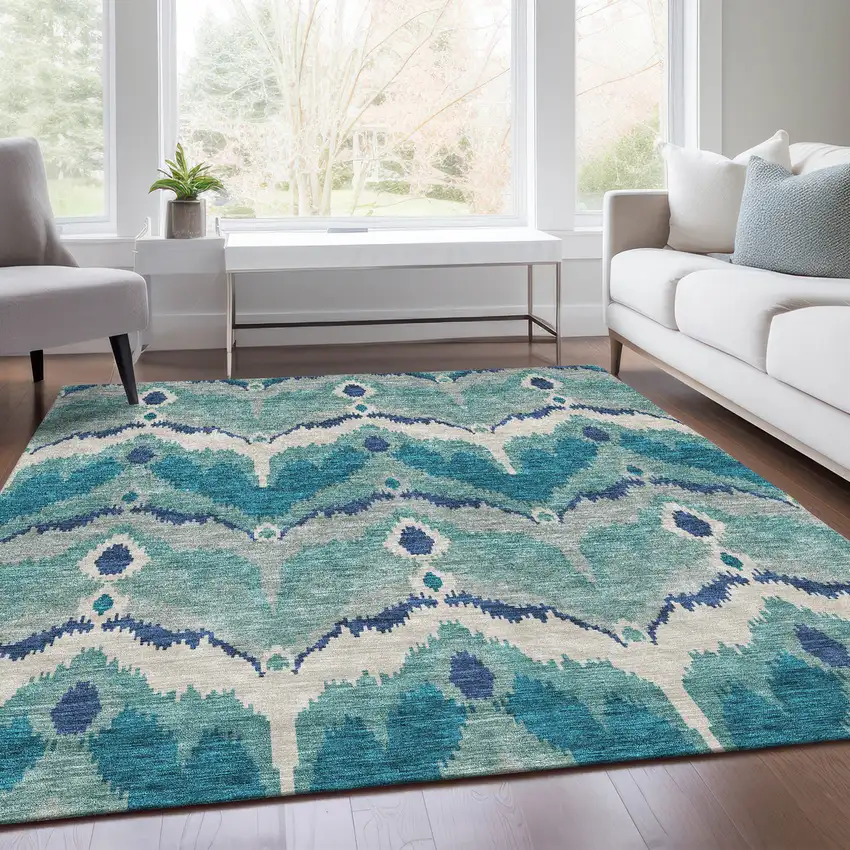 Teal Blue Navy Blue And Ivory Ikat Washable Indoor Outdoor Area Rug Photo 7