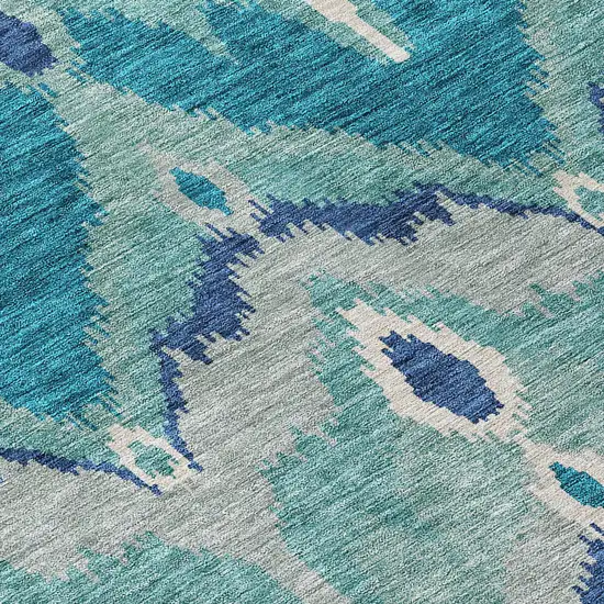 Teal Blue Navy Blue And Ivory Ikat Washable Indoor Outdoor Area Rug Photo 4