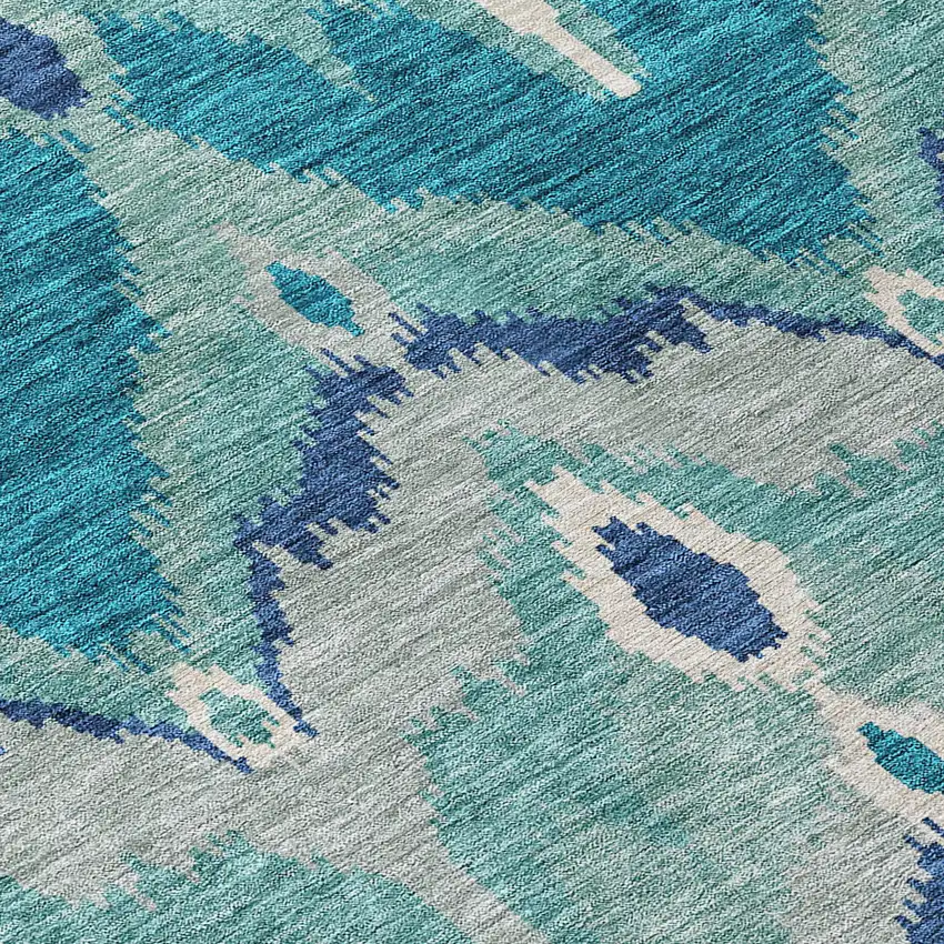 Teal Blue Navy Blue And Ivory Ikat Washable Indoor Outdoor Area Rug Photo 4
