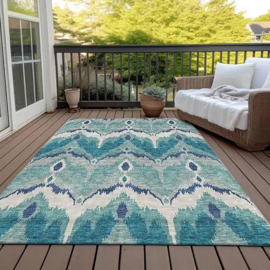 Teal Blue Navy Blue And Ivory Ikat Washable Indoor Outdoor Area Rug Photo 6