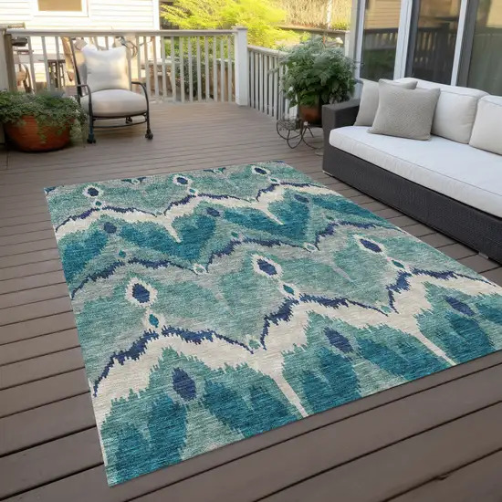 Teal Blue Navy Blue And Ivory Ikat Washable Indoor Outdoor Area Rug Photo 9