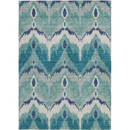 Teal Blue Navy Blue And Ivory Ikat Washable Indoor Outdoor Area Rug Photo 5