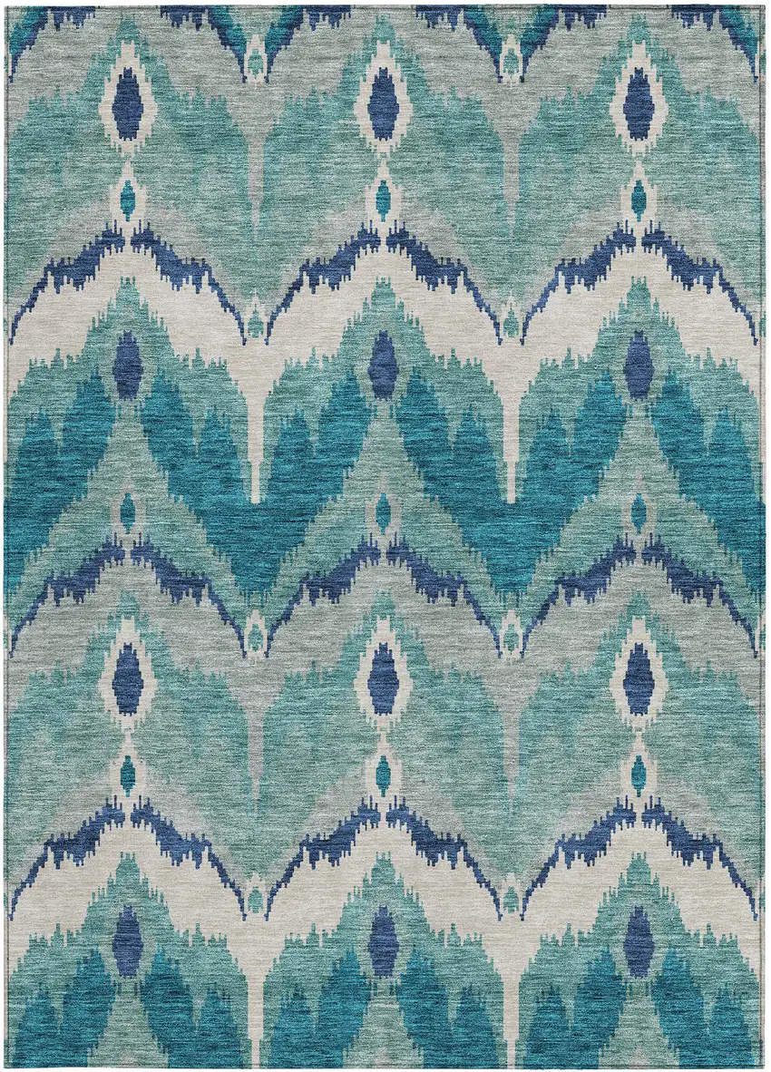Teal Blue Navy Blue And Ivory Ikat Washable Indoor Outdoor Area Rug Photo 5