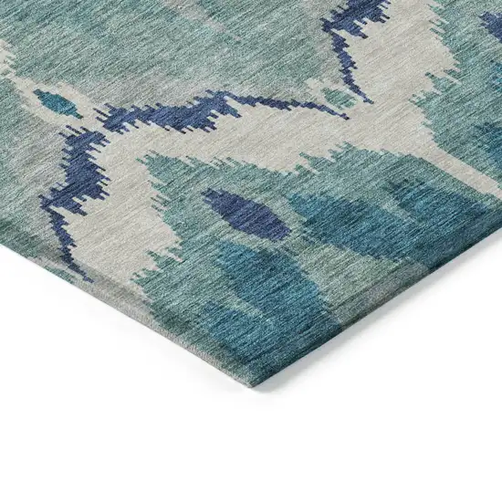 Teal Blue Navy Blue And Ivory Ikat Washable Indoor Outdoor Area Rug Photo 3