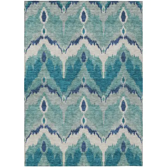 Teal Blue Navy Blue And Ivory Ikat Washable Indoor Outdoor Area Rug Photo 1