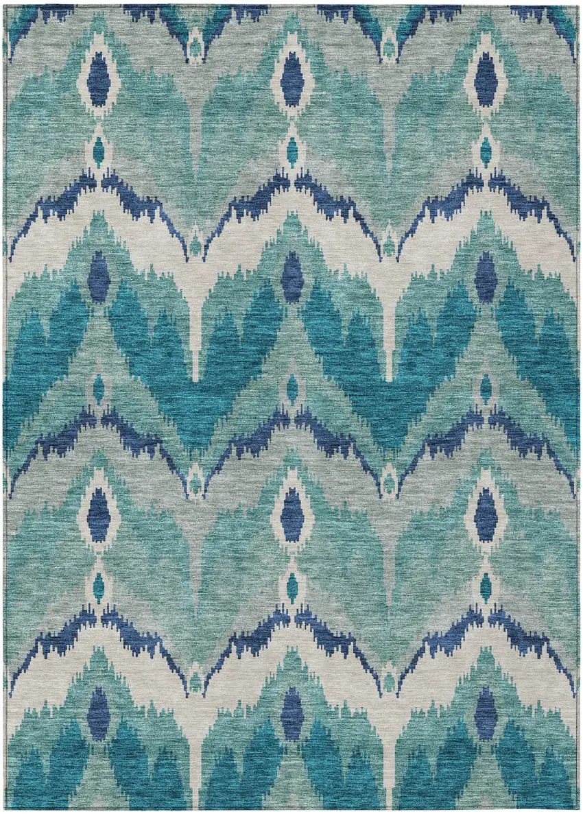 Teal Blue Navy Blue And Ivory Ikat Washable Indoor Outdoor Area Rug Photo 1