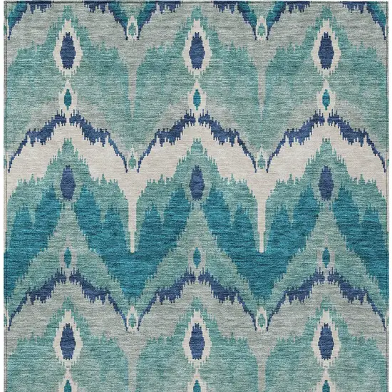 Teal Blue Navy Blue And Ivory Ikat Washable Indoor Outdoor Area Rug Photo 6