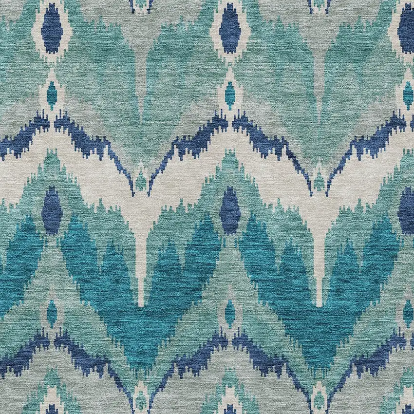 Teal Blue Navy Blue And Ivory Ikat Washable Indoor Outdoor Area Rug Photo 5