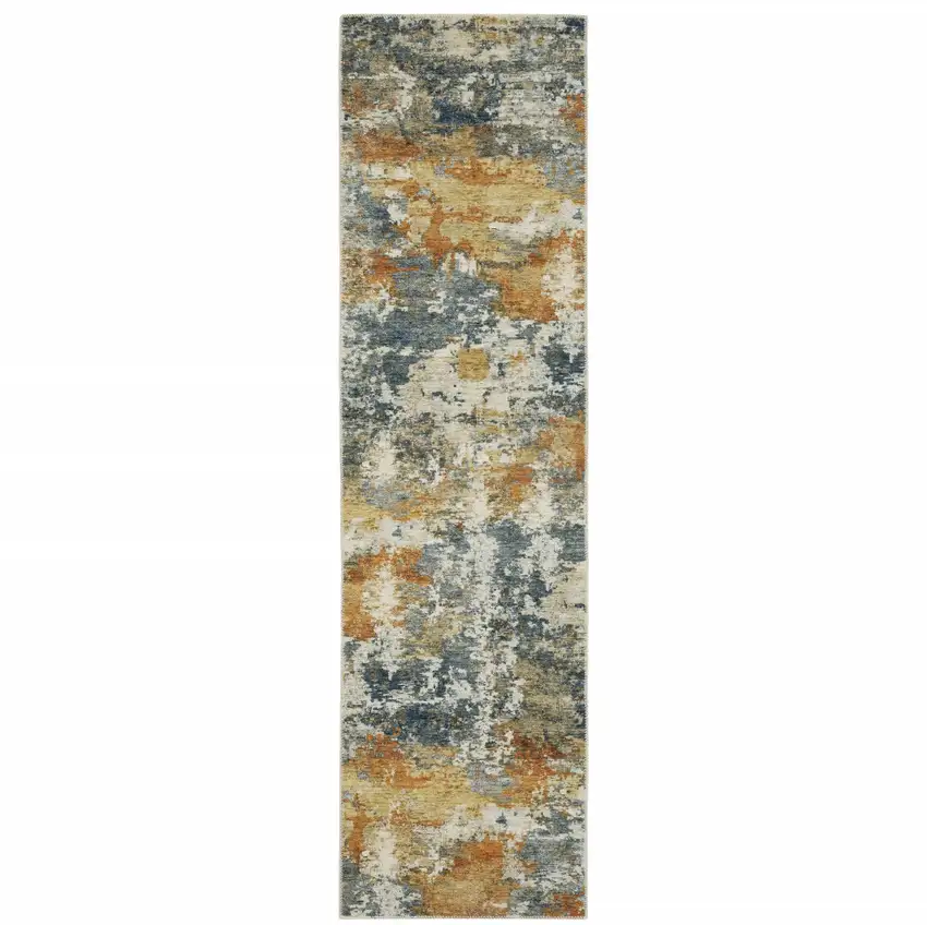 Teal Blue Orange Gold Grey Tan Brown And Beige Abstract Printed Stain Resistant Non Skid Runner Rug Photo 1