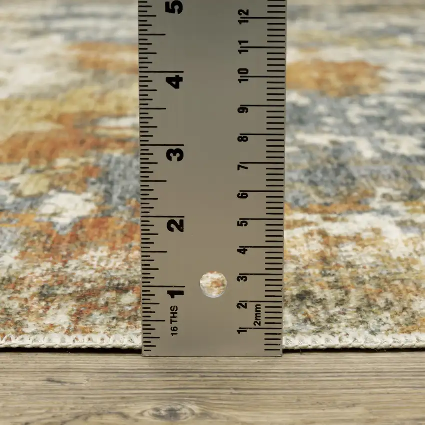Teal Blue Orange Gold Grey Tan Brown And Beige Abstract Printed Stain Resistant Non Skid Runner Rug Photo 7