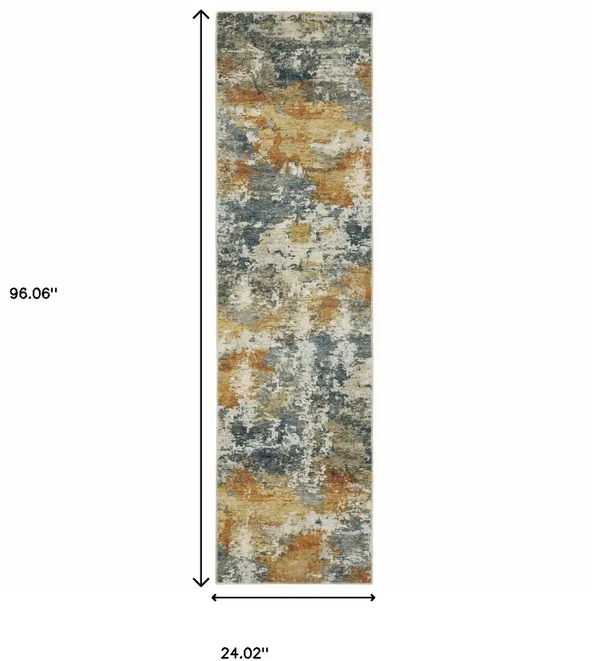Teal Blue Orange Gold Grey Tan Brown And Beige Abstract Printed Stain Resistant Non Skid Runner Rug Photo 9
