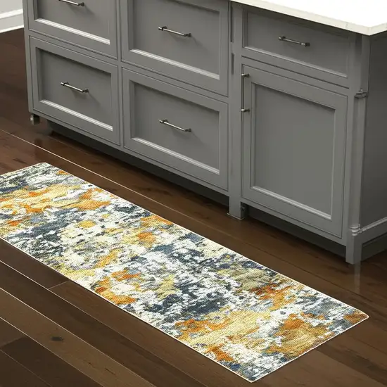 Teal Blue Orange Gold Grey Tan Brown And Beige Abstract Printed Stain Resistant Non Skid Runner Rug Photo 1