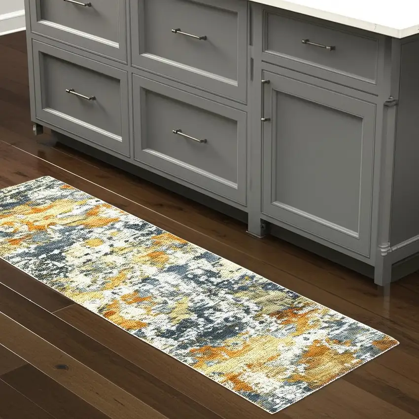 Teal Blue Orange Gold Grey Tan Brown And Beige Abstract Printed Stain Resistant Non Skid Runner Rug Photo 1