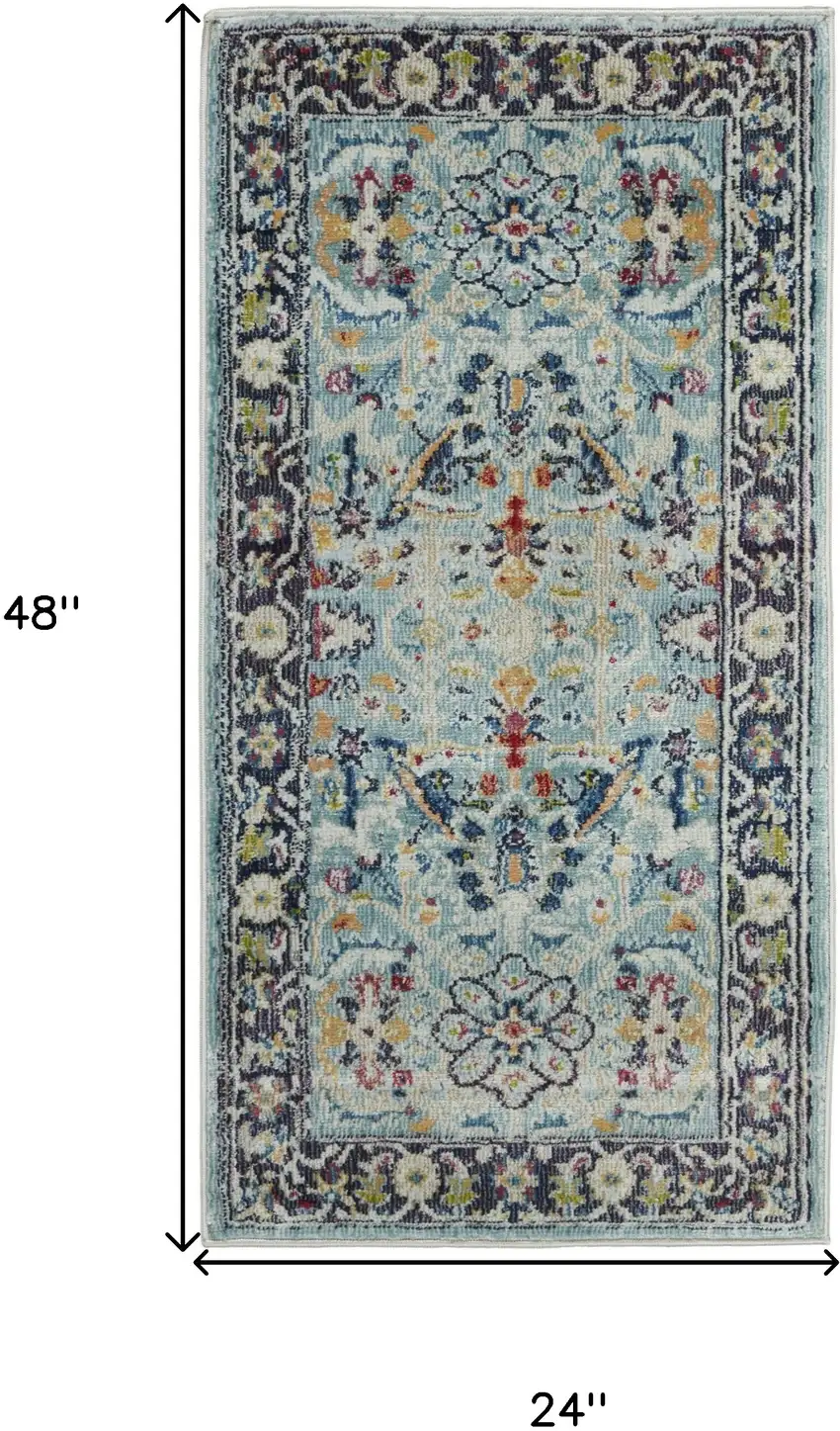 Teal Blue Orange and Black Floral Distressed Non Skid Area Rug Photo 3