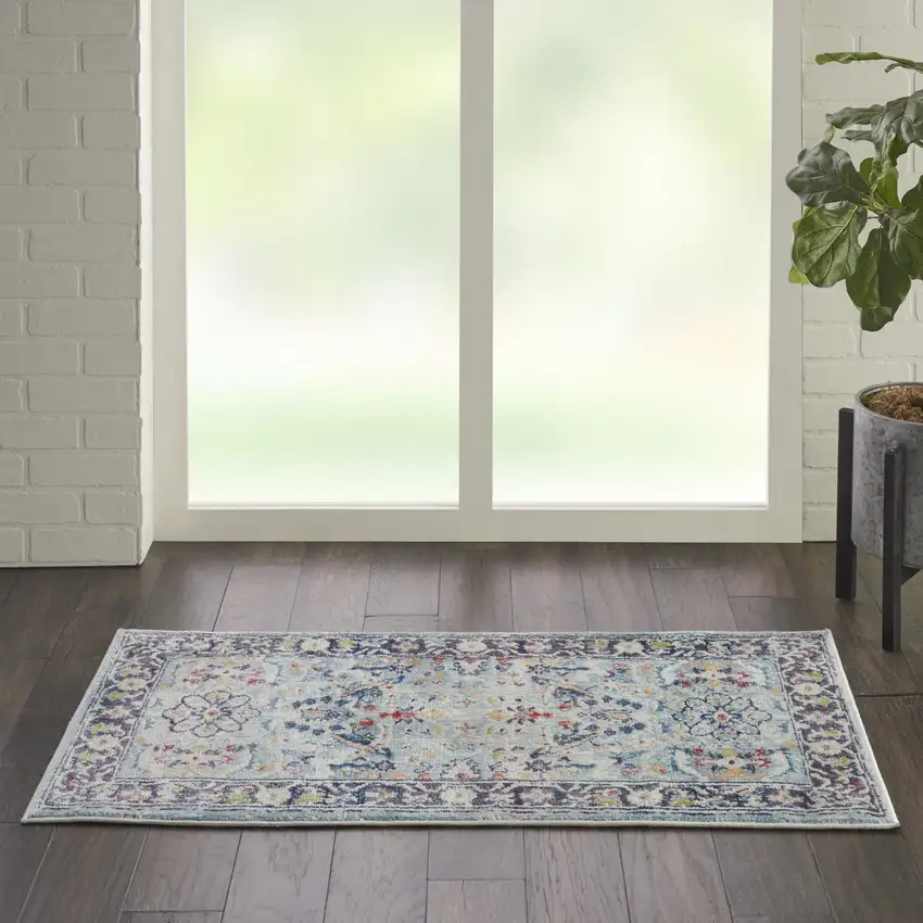 Teal Blue Orange and Black Floral Distressed Non Skid Area Rug Photo 5