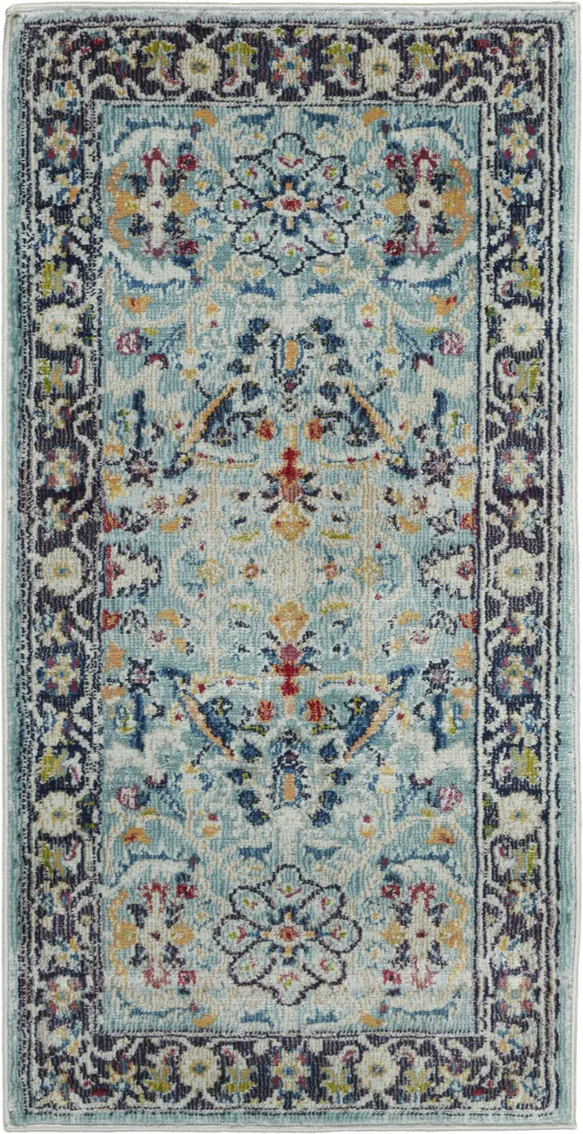 Teal Blue Orange and Black Floral Distressed Non Skid Area Rug Photo 2