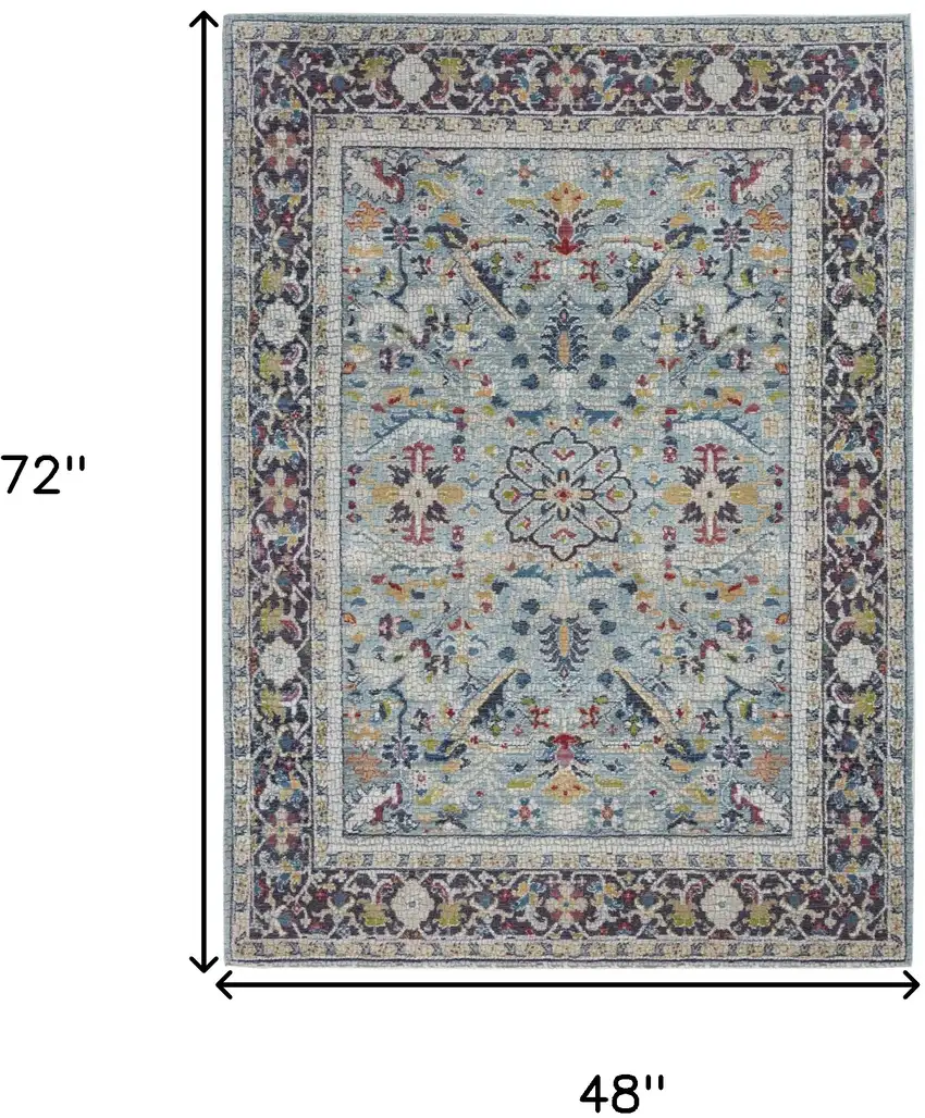 Teal Blue Orange and Black Floral Distressed Non Skid Area Rug Photo 3